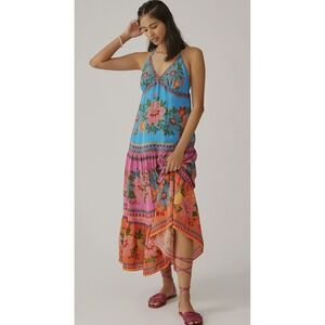 Farm Rio V-Neck Dress Anthropologie Halter Floral Tiered Sundress Cover XS NEW